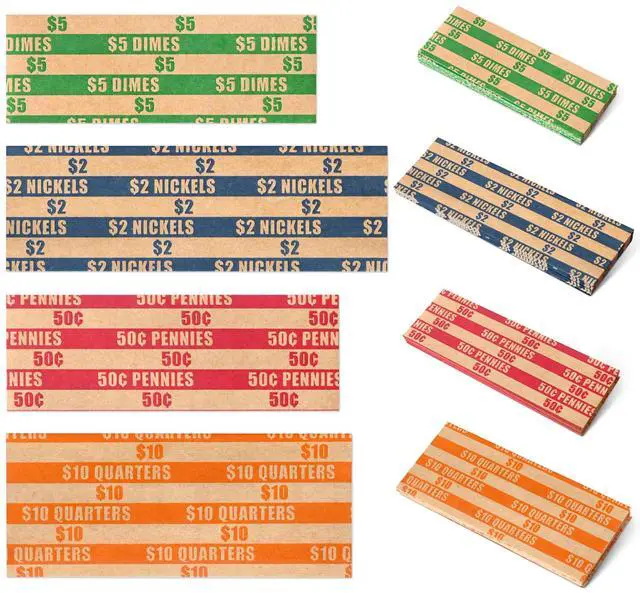 Main image of 100 Pcs Assorted Packed Flat Stripped Coin Wrappers | Coin Rolls Wrapper for Quarters, Dimes, Nickels, Pennies