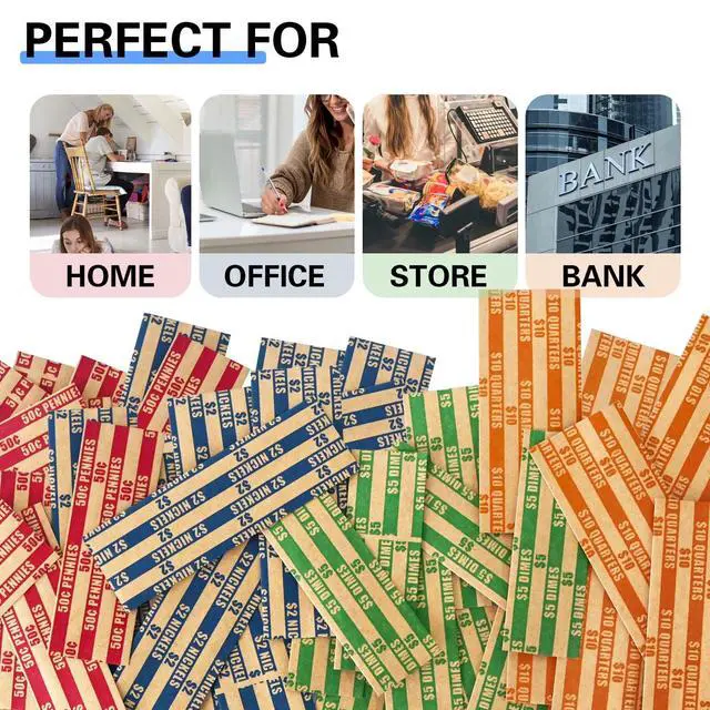 Alt view image 5 of 5 - 100 Pcs Assorted Packed Flat Stripped Coin Wrappers | Coin Rolls Wrapper for Quarters, Dimes, Nickels, Pennies