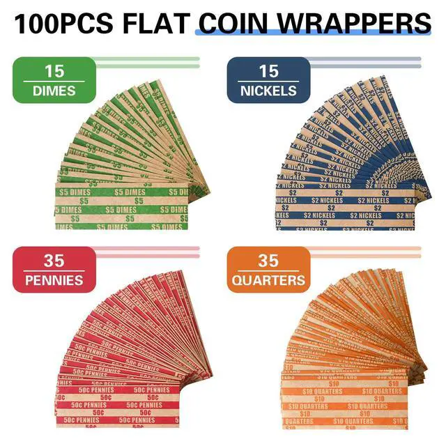 Alt view image 3 of 5 - 100 Pcs Assorted Packed Flat Stripped Coin Wrappers | Coin Rolls Wrapper for Quarters, Dimes, Nickels, Pennies