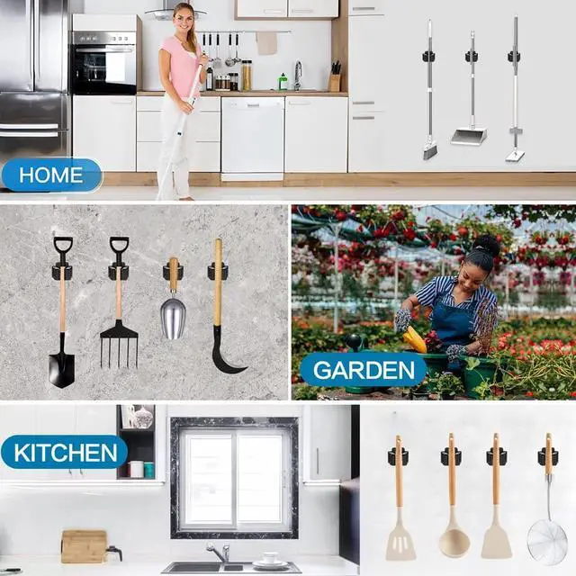 Alt view image 7 of 7 - 3PCS Broom and Mop Holder, Heavy Duty Garden Tool Organizer Rack Rake and Shovel Handle, Stainless Steel Mop Hanger. Wall Mounted Utility Rack with Screws, Matte Black