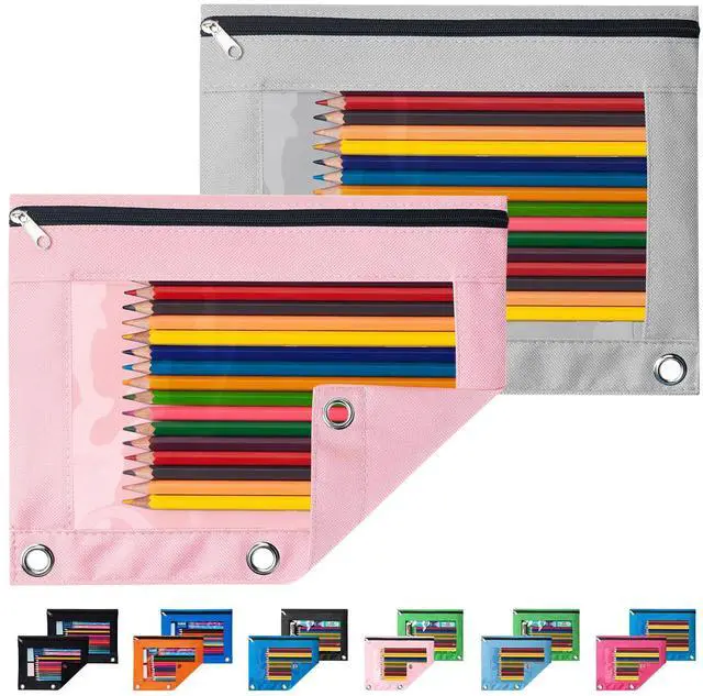 Main image of Pencil Pouch for 3 Ring Binder, 2 Pack Binder Pencil Pouch | Pencil Bags with Clear Window, Zipper & Reinforced Grommets, Pencil Case for Binder Pink & Grey