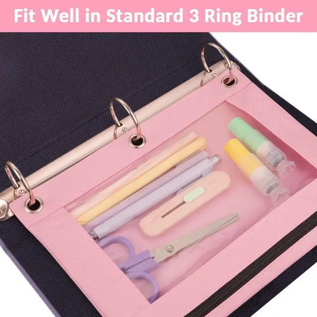 Alt view image 2 of 7 - Pencil Pouch for 3 Ring Binder, 2 Pack Binder Pencil Pouch | Pencil Bags with Clear Window, Zipper & Reinforced Grommets, Pencil Case for Binder Pink & Grey