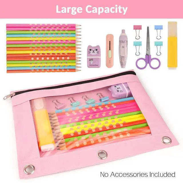 Alt view image 4 of 7 - Pencil Pouch for 3 Ring Binder, 2 Pack Binder Pencil Pouch | Pencil Bags with Clear Window, Zipper & Reinforced Grommets, Pencil Case for Binder Pink & Grey