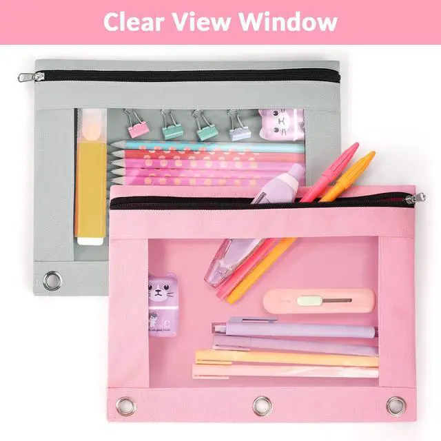 Alt view image 6 of 7 - Pencil Pouch for 3 Ring Binder, 2 Pack Binder Pencil Pouch | Pencil Bags with Clear Window, Zipper & Reinforced Grommets, Pencil Case for Binder Pink & Grey