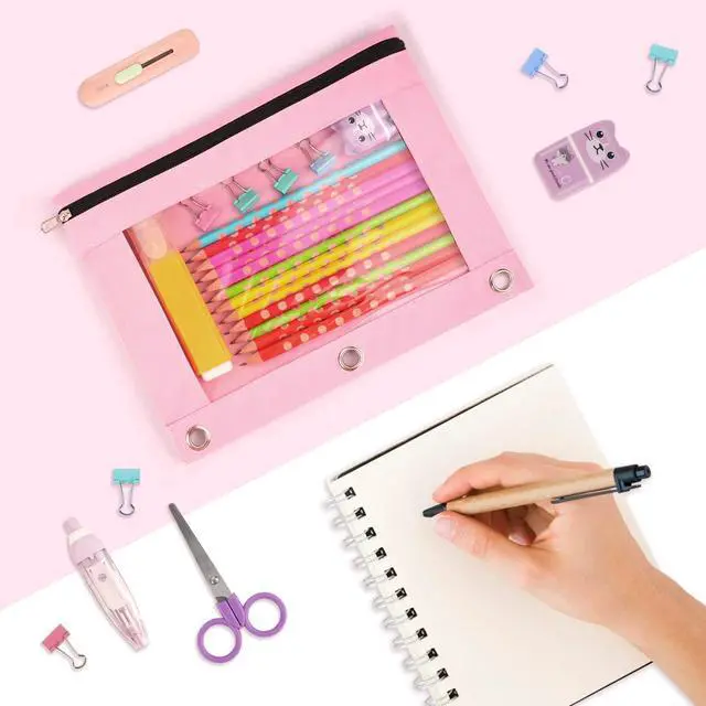 Alt view image 7 of 7 - Pencil Pouch for 3 Ring Binder, 2 Pack Binder Pencil Pouch | Pencil Bags with Clear Window, Zipper & Reinforced Grommets, Pencil Case for Binder Pink & Grey