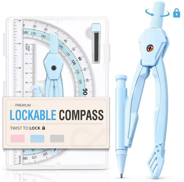 Main image of Lockable Compass and Protractor Set, Compass Drawing Tool Metal Legs | 6" Clear Protractor for Students, Compass with Refill Leads, Geometry Set Kit for Math, Drafting, Homework, Classroom, Blue