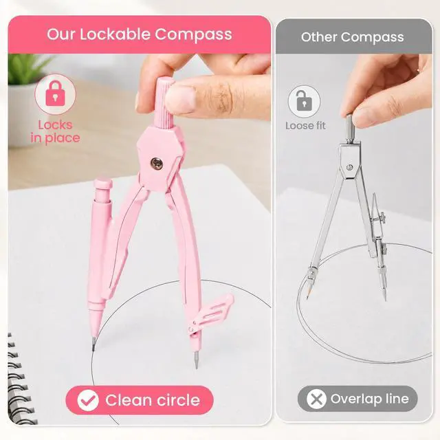 Alt view image 5 of 7 - Lockable Compass and Protractor Set, Compass Drawing Tool Metal Legs | 6" Clear Protractor for Students, Compass with Refill Leads, Geometry Set Kit for Math, Drafting, Homework, Classroom, Blue