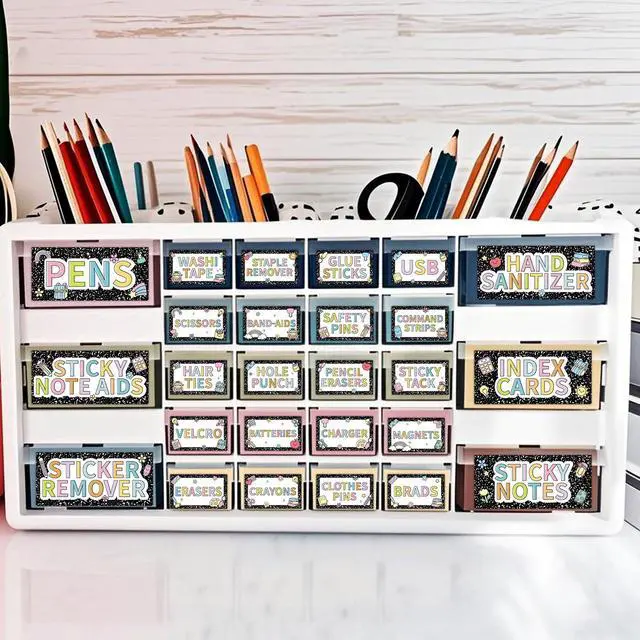 Main image of 54PCS Classroom Toolbox Label Classroom Decor Self-Adhesive Composition Toolbox Sticker Black and White Tool Box Storage Decal Composition Organizer Container Decor for Back to School Teacher Supplies