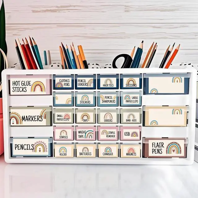 Main image of 54Pcs Teacher Toolbox Labels Classroom Decoration Self-Adhesive Boho Rainbow Toolbox Sticker Boho Tool Box Storage Decal Rainbow Organizer Container Decor for Back to School Teacher Supplies