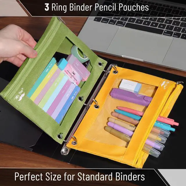 Alt view image 3 of 6 - Pencil Pouch for 3 Ring Binder, 2 Pack, 10"x6.75", Smooth Zipper | Clear Window, Large Capacity Pencil Case with 3 Reinforced Grommets for School, Office, Supplies Storage