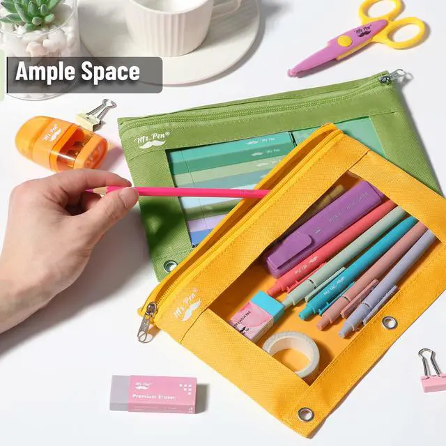 Alt view image 5 of 6 - Pencil Pouch for 3 Ring Binder, 2 Pack, 10"x6.75", Smooth Zipper | Clear Window, Large Capacity Pencil Case with 3 Reinforced Grommets for School, Office, Supplies Storage