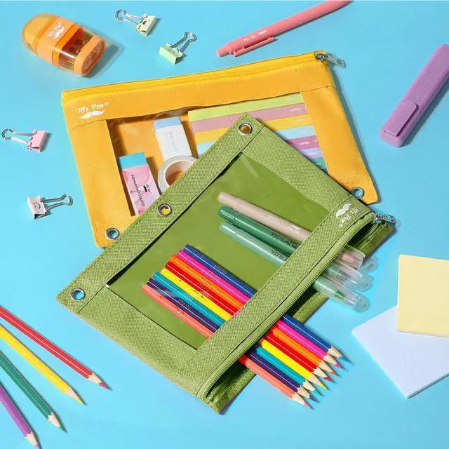 Alt view image 6 of 6 - Pencil Pouch for 3 Ring Binder, 2 Pack, 10"x6.75", Smooth Zipper | Clear Window, Large Capacity Pencil Case with 3 Reinforced Grommets for School, Office, Supplies Storage