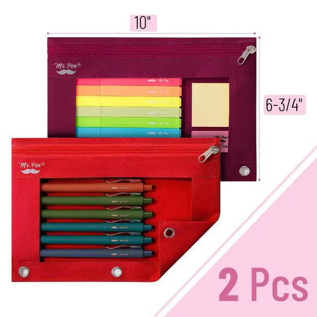 Alt view image 2 of 6 - Pencil Pouch for 3 Ring Binder, 2 Pack, 10"x6.75", Smooth Zipper | Clear Window, Large Capacity Pencil Case with 3 Reinforced Grommets for School, Office, Supplies Storage