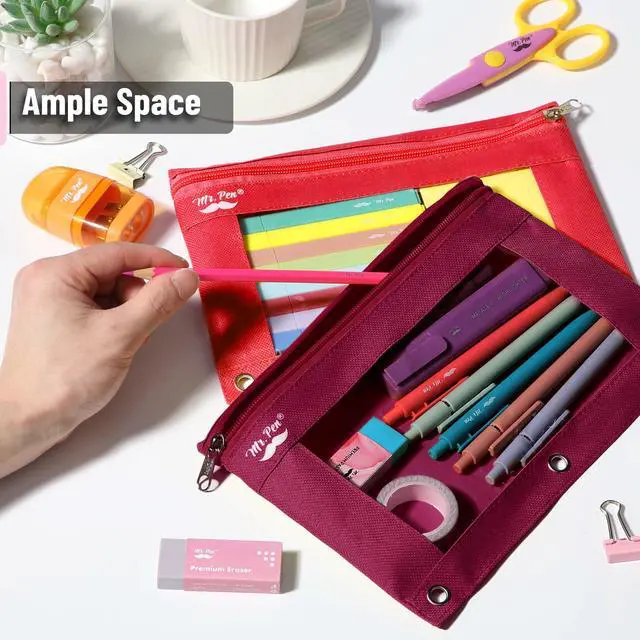 Alt view image 5 of 6 - Pencil Pouch for 3 Ring Binder, 2 Pack, 10"x6.75", Smooth Zipper | Clear Window, Large Capacity Pencil Case with 3 Reinforced Grommets for School, Office, Supplies Storage