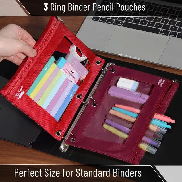 Alt view image 3 of 6 - Pencil Pouch for 3 Ring Binder, 2 Pack, 10"x6.75", Smooth Zipper | Clear Window, Large Capacity Pencil Case with 3 Reinforced Grommets for School, Office, Supplies Storage