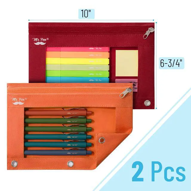 Alt view image 2 of 6 - Pencil Pouch for 3 Ring Binder, 2 Pack, 10"x6.75", Smooth Zipper | Clear Window, Large Capacity Pencil Case with 3 Reinforced Grommets for School, Office, Supplies Storage