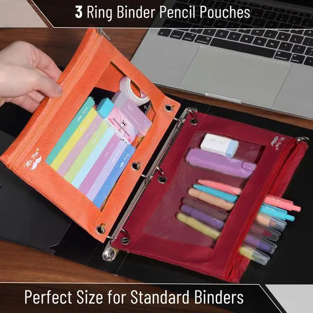 Alt view image 3 of 6 - Pencil Pouch for 3 Ring Binder, 2 Pack, 10"x6.75", Smooth Zipper | Clear Window, Large Capacity Pencil Case with 3 Reinforced Grommets for School, Office, Supplies Storage
