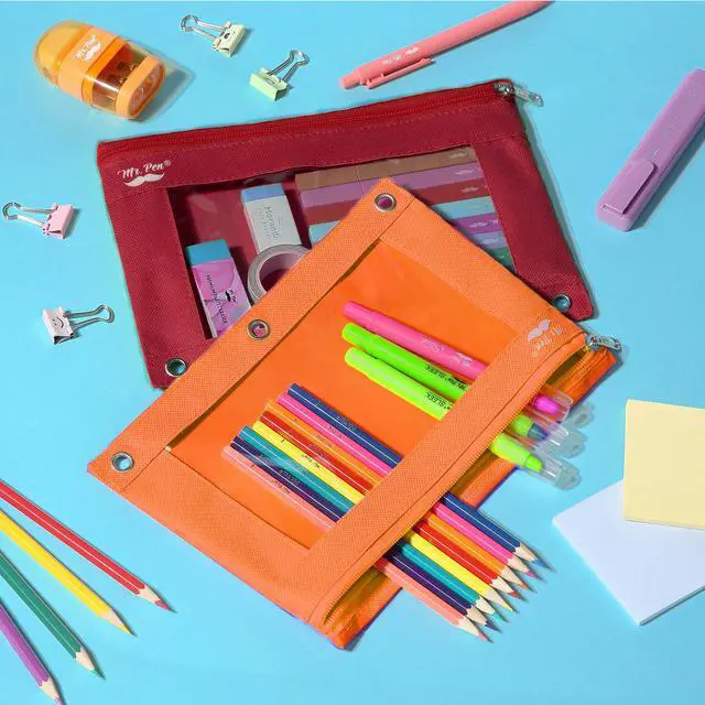 Alt view image 6 of 6 - Pencil Pouch for 3 Ring Binder, 2 Pack, 10"x6.75", Smooth Zipper | Clear Window, Large Capacity Pencil Case with 3 Reinforced Grommets for School, Office, Supplies Storage