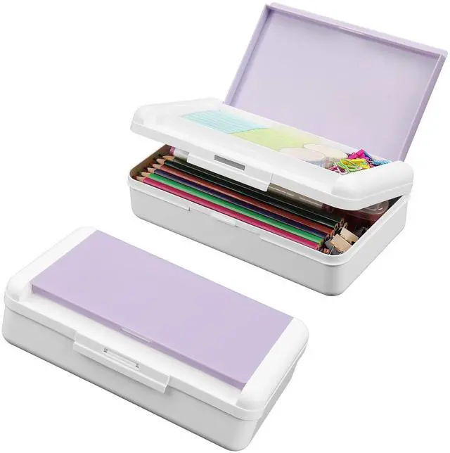 Main image of Pencil Box, Double Layer Pencil Case, Large Capacity Plastic Pencil Boxes with Snap-tight Lid, Two-Tone Storage Box Organizer for Office School Supplies (Light Purple, 1 Pack)
