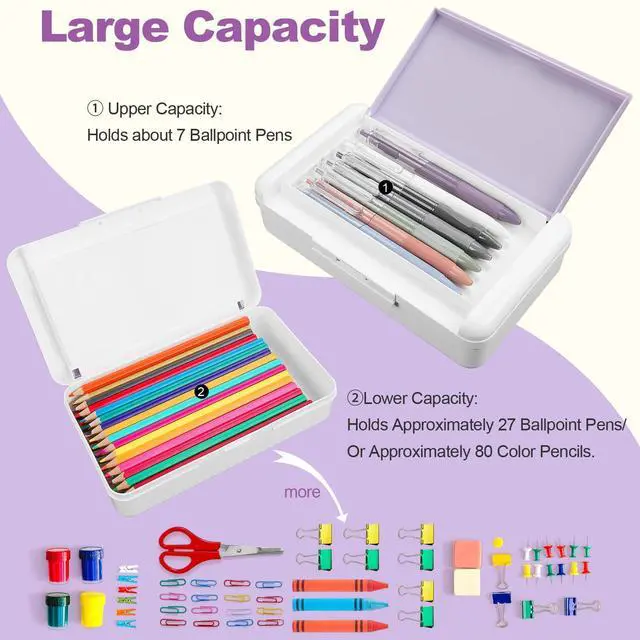 Alt view image 4 of 7 - Pencil Box, Double Layer Pencil Case, Large Capacity Plastic Pencil Boxes with Snap-tight Lid, Two-Tone Storage Box Organizer for Office School Supplies (Light Purple, 1 Pack)