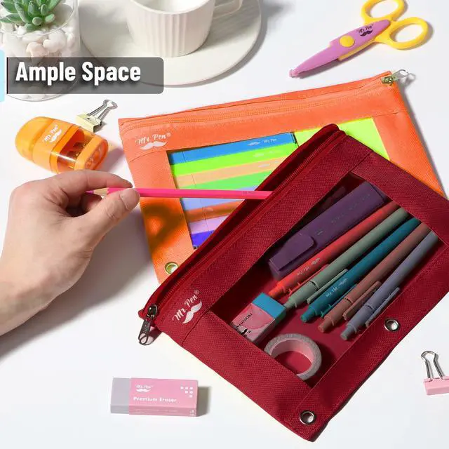 Alt view image 5 of 6 - Pencil Pouch for 3 Ring Binder, 2 Pack, 10"x6.75", Smooth Zipper | Clear Window, Large Capacity Pencil Case with 3 Reinforced Grommets for School, Office, Supplies Storage