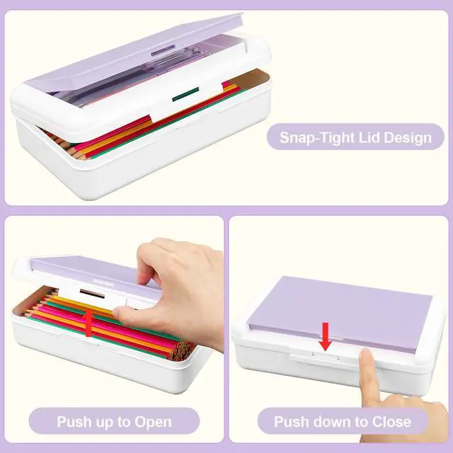 Alt view image 7 of 7 - Pencil Box, Double Layer Pencil Case, Large Capacity Plastic Pencil Boxes with Snap-tight Lid, Two-Tone Storage Box Organizer for Office School Supplies (Light Purple, 1 Pack)
