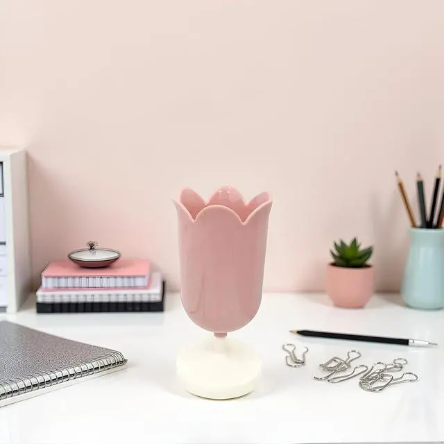 Alt view image 2 of 7 - Tulip-Shaped Desk Organizer - Multifunctional Pen Cup with Cable Management for Office and School (Pink)