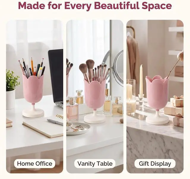 Alt view image 7 of 7 - Tulip-Shaped Desk Organizer - Multifunctional Pen Cup with Cable Management for Office and School (Pink)