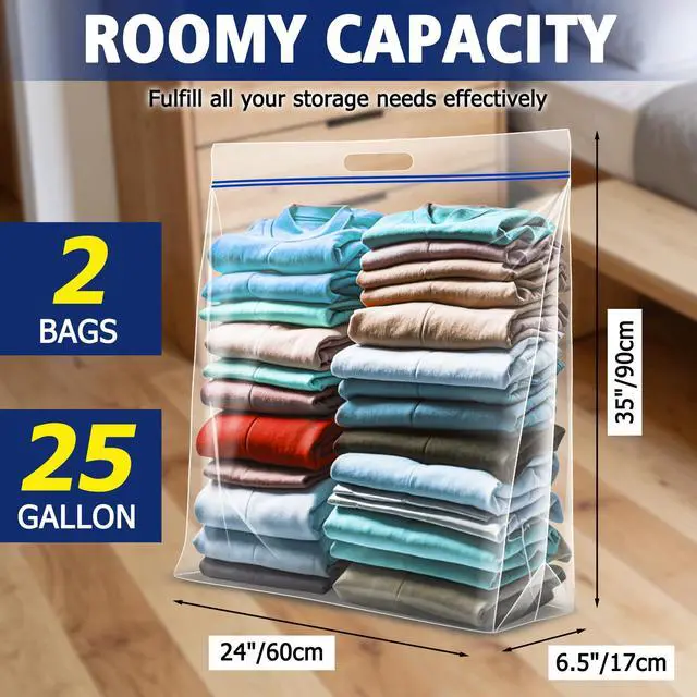 Alt view image 2 of 6 - Jumbo Heavy Duty Plastic Storage Extra Large Bags, 25 Gallon 3.5 Mil Thick Clear Zipper Bags with Handles for Home, Travel and Moving 35" x 24", 2 packs