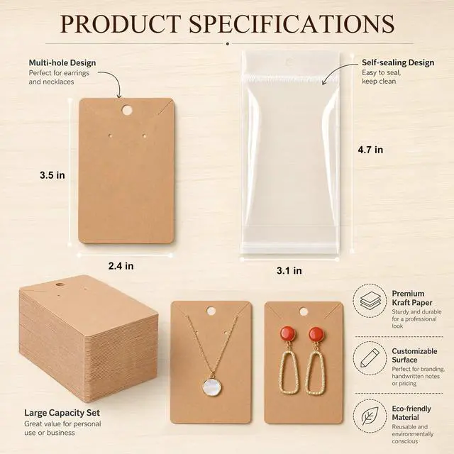 Alt view image 5 of 7 - Works Great Earring Display Cards - Well-made 3.5 x 2.4 Inches | Earring Cards with Good Paper Quality, Plus Clear Packaging Bags, for Earrings Necklace Jewelry Cards, Crafter-Approved