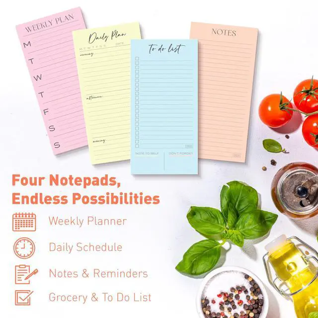 Alt view image 4 of 7 - Set of 4 Essential Refrigerator Notepads with Magnet - Grocery Schedule Holder Pad for Fridge - Weekly Magnetic To Do List for Adhesive - Cling Notebook Meal Planner - Attractive Shopping List Pad