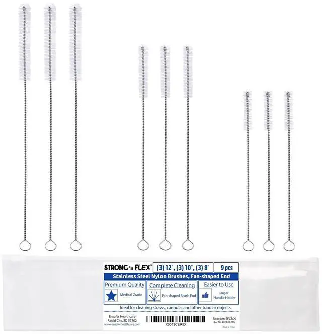 Main image of Strong 'n Flex Nylon Straw Cleaner Brushes Fan-Shaped End for Tight Spaces, Ideal for Reusable Straws, Water Bottles, Sippy Cups & Pipes Includes Zippered Pouch 8", 10, 12 Long Set of 9