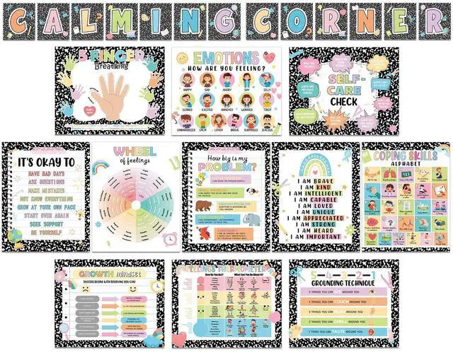 Main image of 24Pcs Calming Corner Posters Composition Notebook Classroom Decor Feeling Wheel Chart Emotion Coping Skills Poster Educational Mental Health Wall Art for Therapy Office Decor Calm Down Corner Supplies