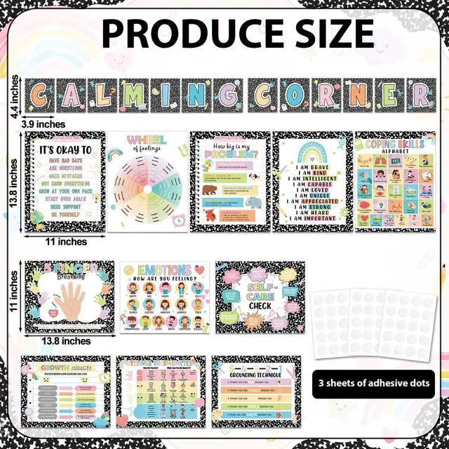 Alt view image 2 of 7 - 24Pcs Calming Corner Posters Composition Notebook Classroom Decor Feeling Wheel Chart Emotion Coping Skills Poster Educational Mental Health Wall Art for Therapy Office Decor Calm Down Corner Supplies