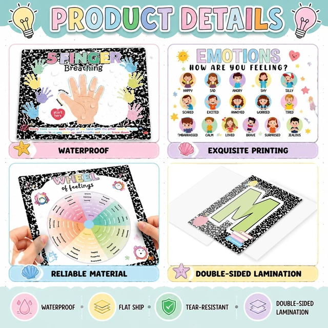 Alt view image 3 of 7 - 24Pcs Calming Corner Posters Composition Notebook Classroom Decor Feeling Wheel Chart Emotion Coping Skills Poster Educational Mental Health Wall Art for Therapy Office Decor Calm Down Corner Supplies