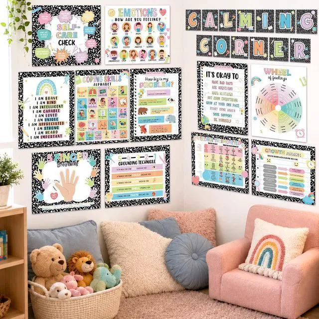 Alt view image 5 of 7 - 24Pcs Calming Corner Posters Composition Notebook Classroom Decor Feeling Wheel Chart Emotion Coping Skills Poster Educational Mental Health Wall Art for Therapy Office Decor Calm Down Corner Supplies