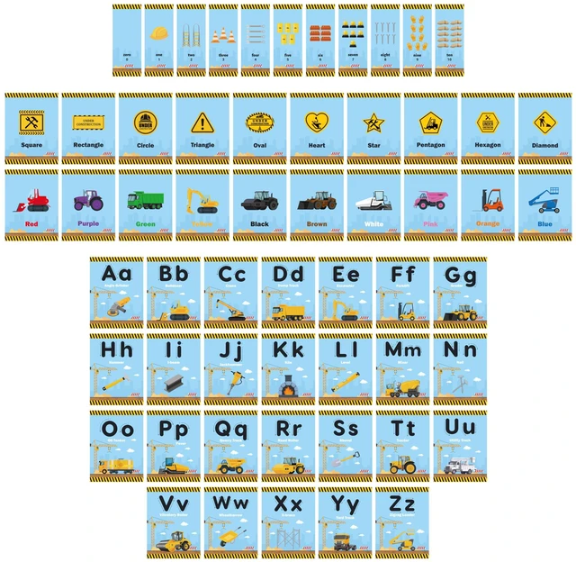 Main image of H1vojoxo Back to School Bulletin Board - 57PCS Construction Bulletin Board Decoration Alphabet Colors Shapes Numbers Educational Card for Toddler Construction Poster for Home Preschool Classroom Decor