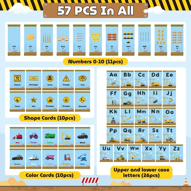 Alt view image 3 of 7 - H1vojoxo Back to School Bulletin Board - 57PCS Construction Bulletin Board Decoration Alphabet Colors Shapes Numbers Educational Card for Toddler Construction Poster for Home Preschool Classroom Decor