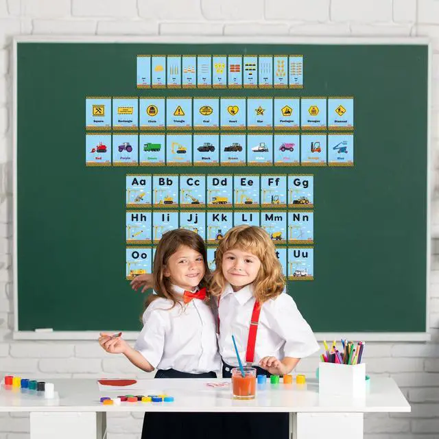 Alt view image 5 of 7 - H1vojoxo Back to School Bulletin Board - 57PCS Construction Bulletin Board Decoration Alphabet Colors Shapes Numbers Educational Card for Toddler Construction Poster for Home Preschool Classroom Decor