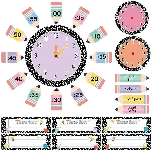 Main image of 62 Pcs Composition Telling Time Bulletin Board Analog Clock Practice Classroom Decorations Learning to Tell Time Clock Paper Cutouts Teaching Clock Numbers Supplies for School Elementary Teachers Wall