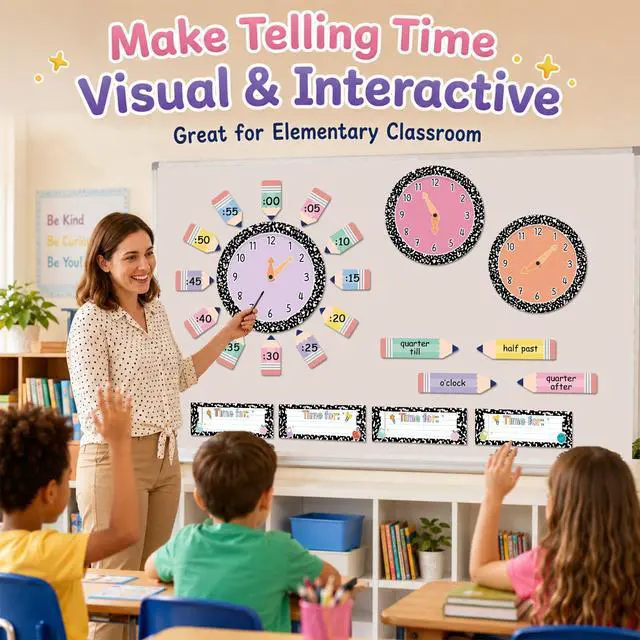 Alt view image 5 of 7 - 62 Pcs Composition Telling Time Bulletin Board Analog Clock Practice Classroom Decorations Learning to Tell Time Clock Paper Cutouts Teaching Clock Numbers Supplies for School Elementary Teachers Wall
