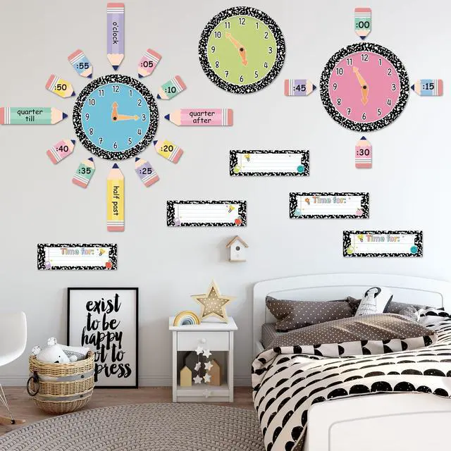 Alt view image 7 of 7 - 62 Pcs Composition Telling Time Bulletin Board Analog Clock Practice Classroom Decorations Learning to Tell Time Clock Paper Cutouts Teaching Clock Numbers Supplies for School Elementary Teachers Wall
