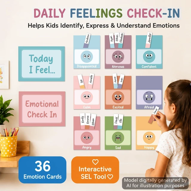 Alt view image 2 of 7 - 36 Pack Boho Emotions Feelings Chart SEL Classroom Mood Tracker | Durable Thick Paper, Classroom Calm Corner Social Emotional Learning, Track Daily Feelings, For Kids, 36 Cards Set