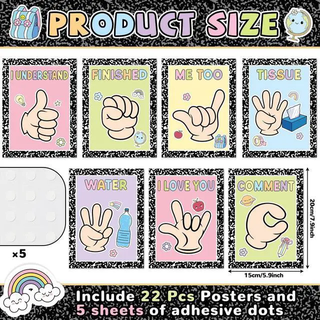 Alt view image 2 of 7 - 22PCS Composition Classroom Hand Signal Cards Decor Back to School Composition Sign Language Learning Paper Cutout Hand Signals Language Bulletin Board for Teacher Student Visual School Office Decor