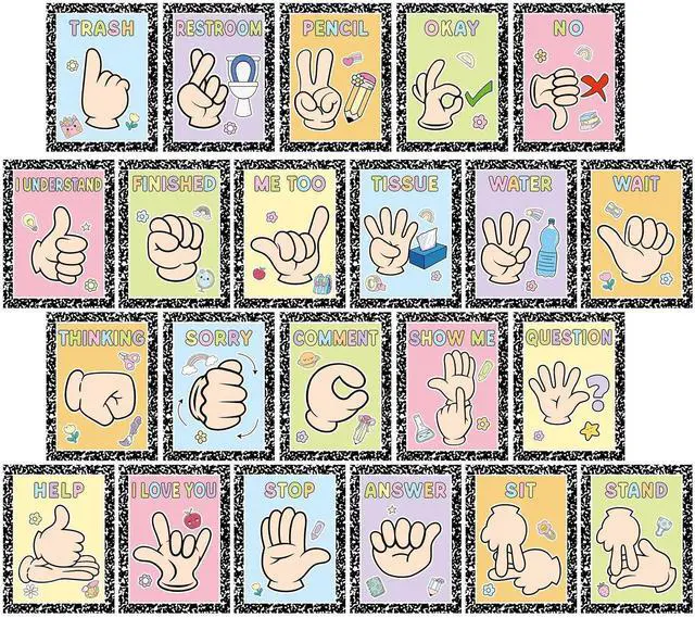 Main image of 22PCS Composition Classroom Hand Signal Cards Decor Back to School Composition Sign Language Learning Paper Cutout Hand Signals Language Bulletin Board for Teacher Student Visual School Office Decor