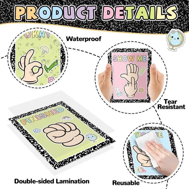 Alt view image 3 of 7 - 22PCS Composition Classroom Hand Signal Cards Decor Back to School Composition Sign Language Learning Paper Cutout Hand Signals Language Bulletin Board for Teacher Student Visual School Office Decor