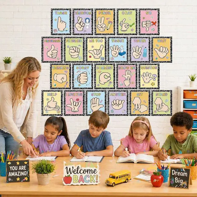 Alt view image 5 of 7 - 22PCS Composition Classroom Hand Signal Cards Decor Back to School Composition Sign Language Learning Paper Cutout Hand Signals Language Bulletin Board for Teacher Student Visual School Office Decor