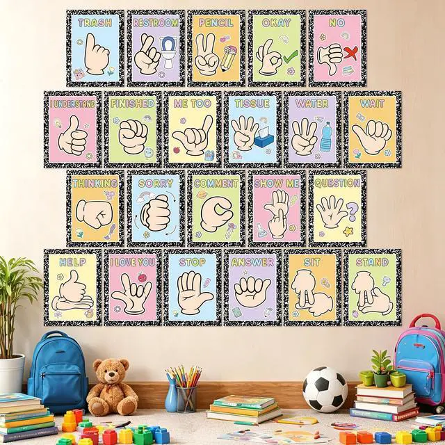 Alt view image 4 of 7 - 22PCS Composition Classroom Hand Signal Cards Decor Back to School Composition Sign Language Learning Paper Cutout Hand Signals Language Bulletin Board for Teacher Student Visual School Office Decor