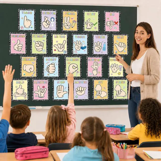 Alt view image 7 of 7 - 22PCS Composition Classroom Hand Signal Cards Decor Back to School Composition Sign Language Learning Paper Cutout Hand Signals Language Bulletin Board for Teacher Student Visual School Office Decor