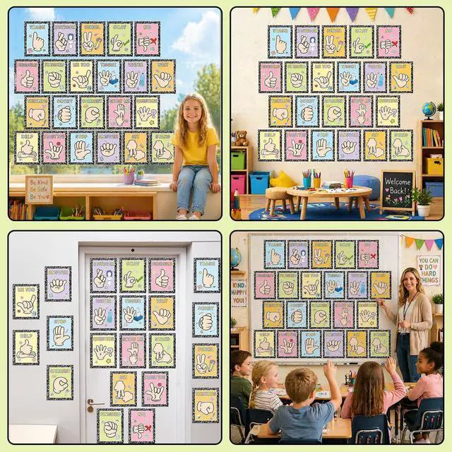 Alt view image 6 of 7 - 22PCS Composition Classroom Hand Signal Cards Decor Back to School Composition Sign Language Learning Paper Cutout Hand Signals Language Bulletin Board for Teacher Student Visual School Office Decor